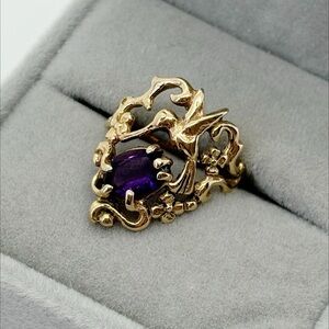 14k yellow gold hummingbird and amethyst ring flowers artisan vintage size 5.5